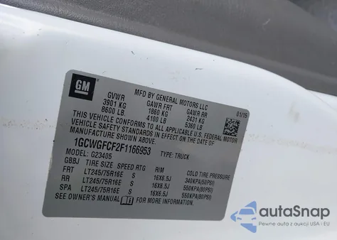 2015 Chevrolet Express 2500 Work Van z USA, uszkodzony, nr VIN 1GCWGFCF2F1166953